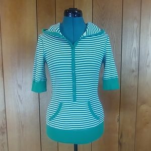 Green Stripe Button Up Knit Henley Shirt Mid Sleeves Hoodie Top Women's S